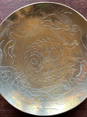 Vintage Solid Brass DISH BOWL Double Dragon Chinese Trinket Dish 9" Diameter